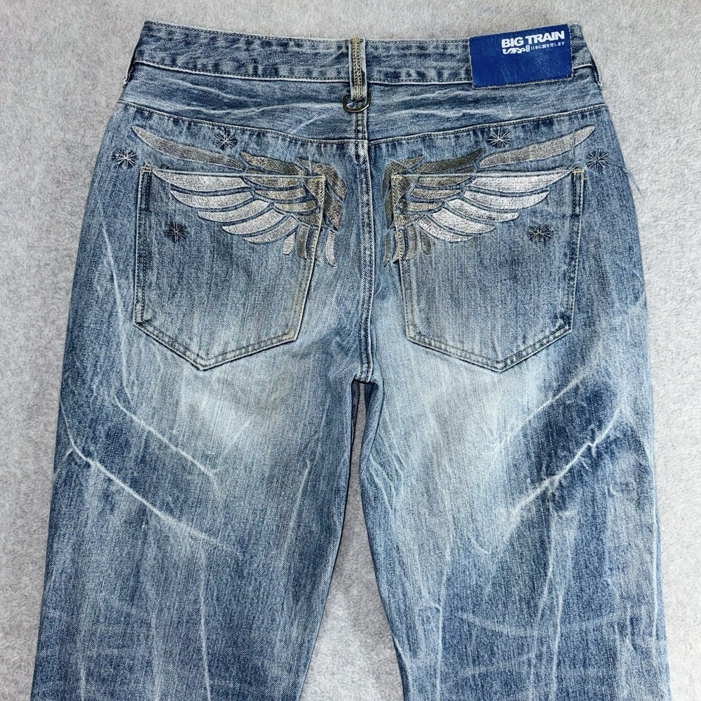 Big Train Biker Japanese Denim Jeans Men 32x31 Light Wash CRAZY FADE Embroidered